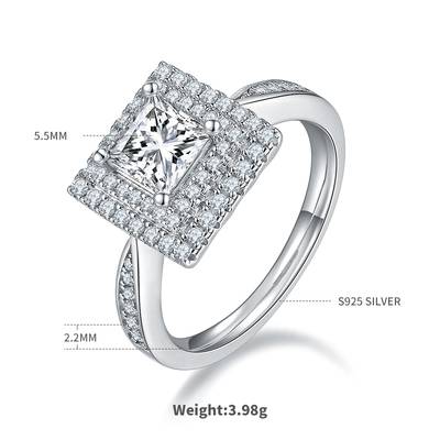 Deluxe Square Moissanite Women's Wedding Ring 2.0 Carat D-Class in S925 Silver